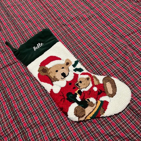 Vintage Needlepoint Christmas Stocking Santa Teddy Bears Cub Velvet Back green